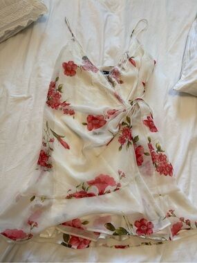 Zara White Floral Slip Dress with Pink & Green Print